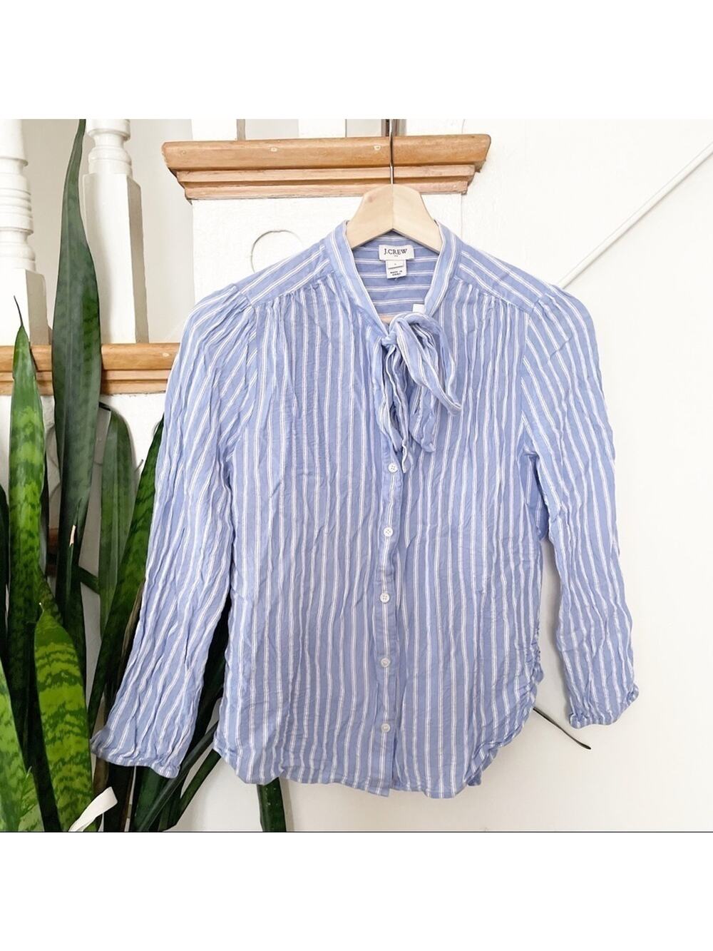 J.crew light blue striped bow neck button down S